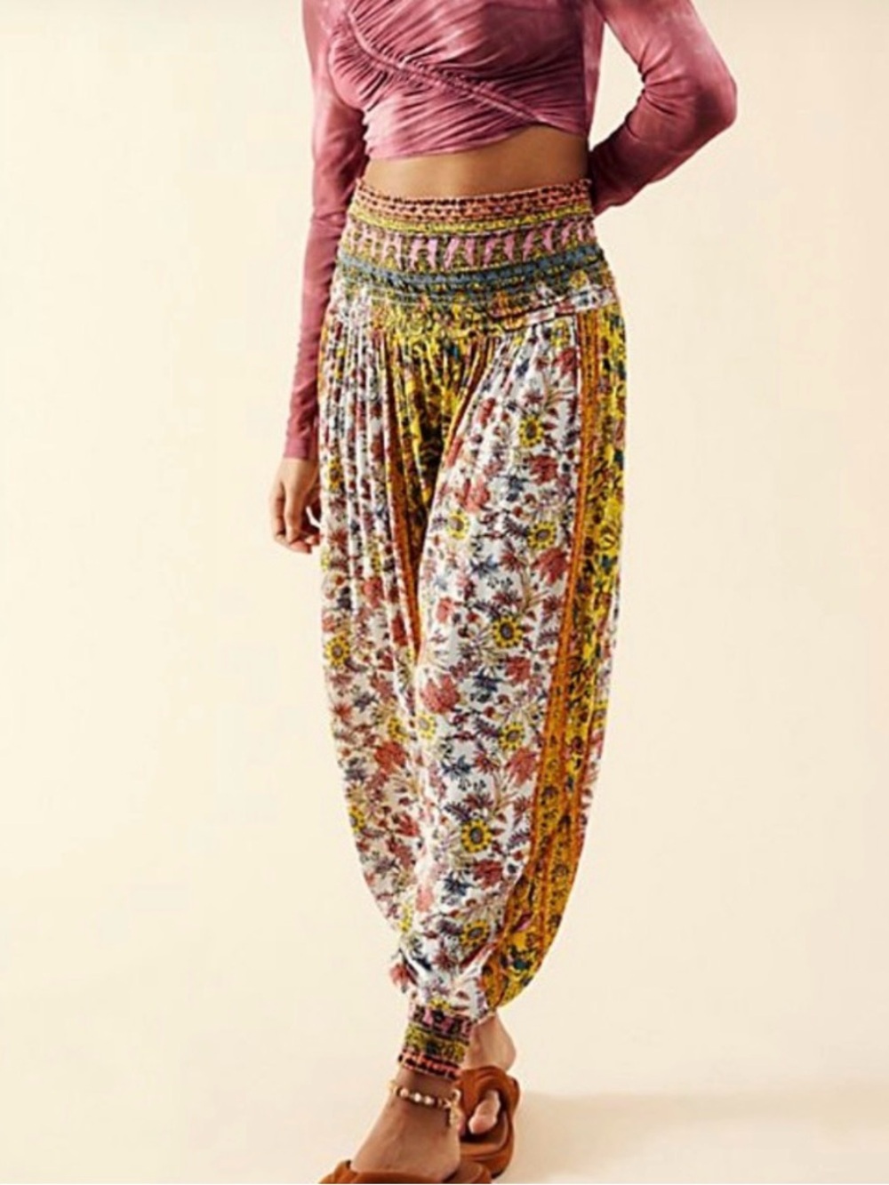 Free People FP One Jogger Harem Pants Yellow Pink Floral Boho Festival